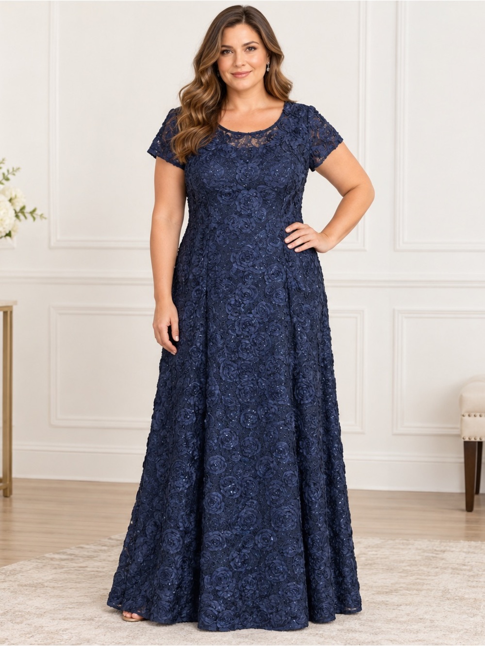 Alex Evenings Navy Floral Lace Maxi Dress